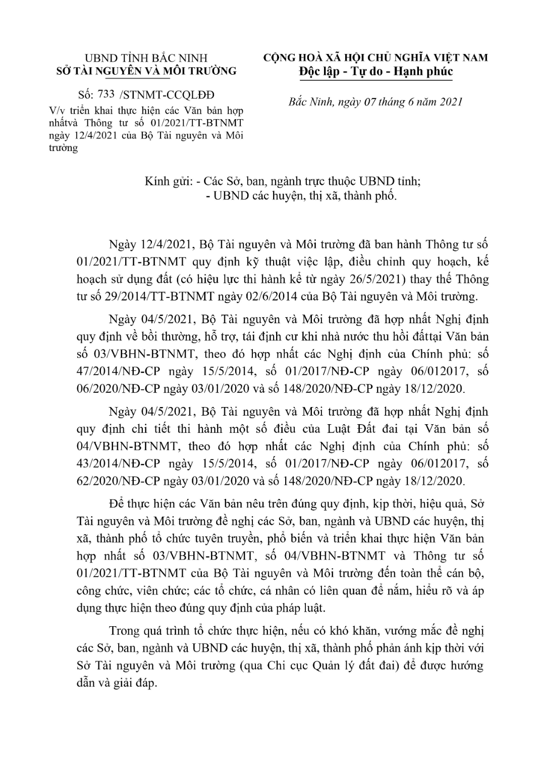 Công văn số 733/STNMT-CCQLĐĐ ngày 07/6/2021 của Sở Tài nguyên và Môi trường tỉnh Bắc Ninh